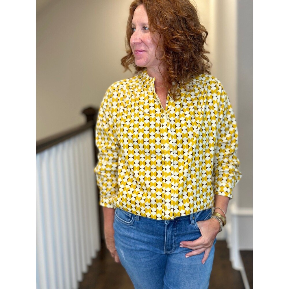 Voyageur By Mersea Aphrodite Button Up Shirt Top Printed Cotton Yellow L 280017 - Picture 3 of 9